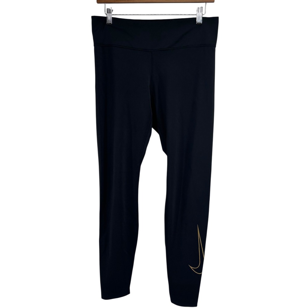 Nike Women Tight Dri-FIT Full Legging Mid‎ Rise Black Gold Swoosh DM1608 Size L